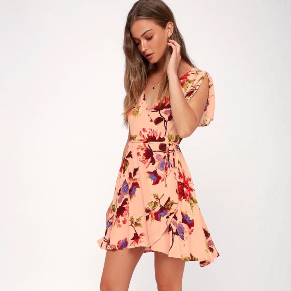 Lulus Cherished Love Blush Pink Floral Wrap Dress Size Small
